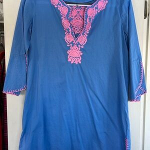 Lilly Pulitzer Blue Tunic Swim Cover-up with Pink Embroidery